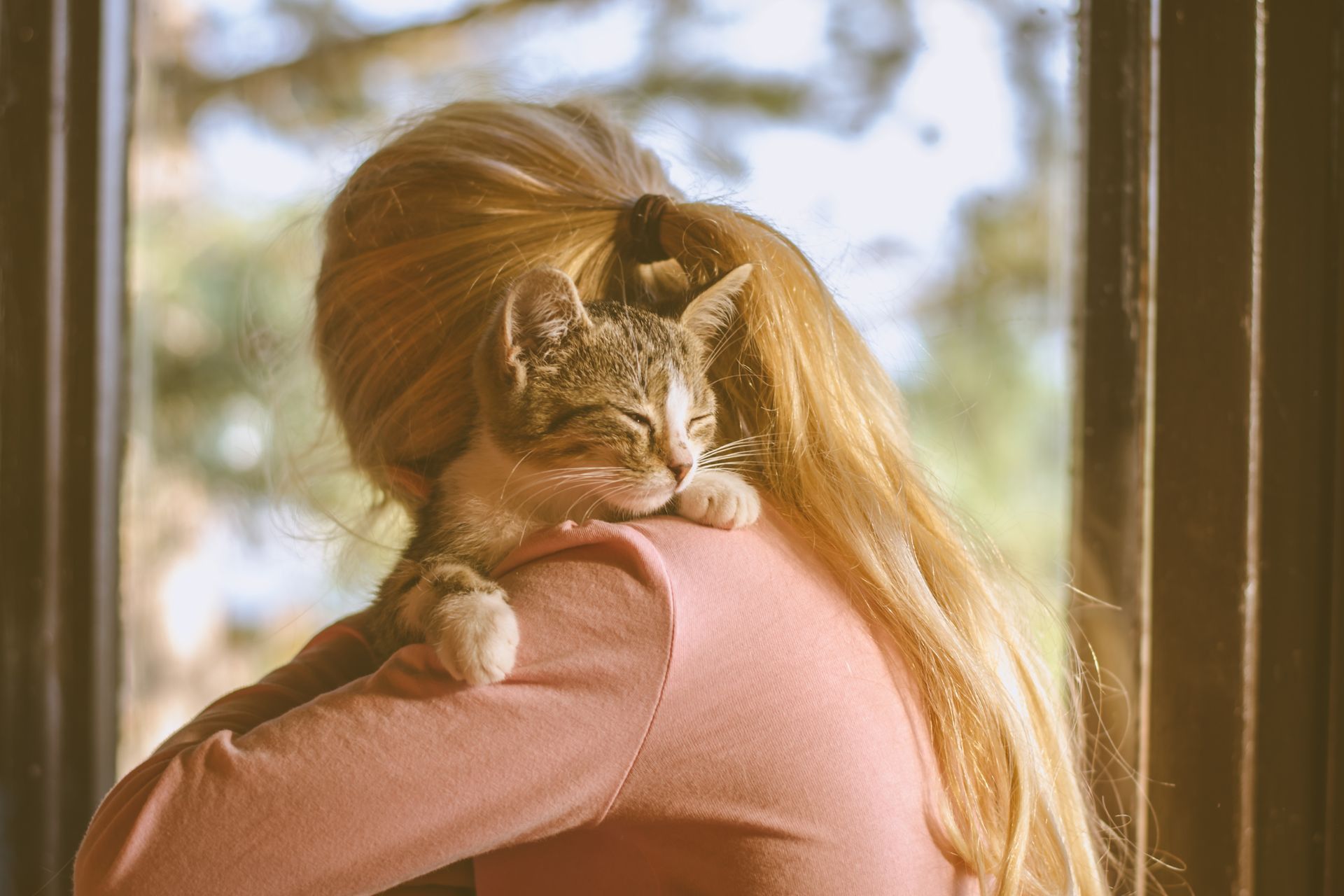 a woman hugging a kitten